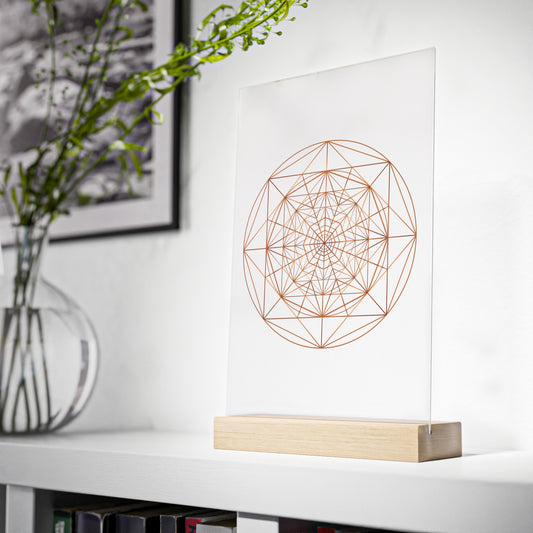 Authentic TRIPLE OCTAGON | Acrylic Sign with Wooden Stand perspective detail 2 showcasing clean geometry and natural material finishes