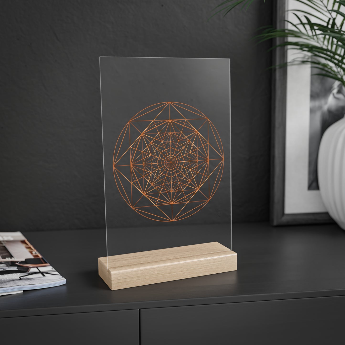 Authentic TRIPLE OCTAGON | Acrylic Sign with Wooden Stand perspective detail 8 showcasing clean geometry and natural material finishes