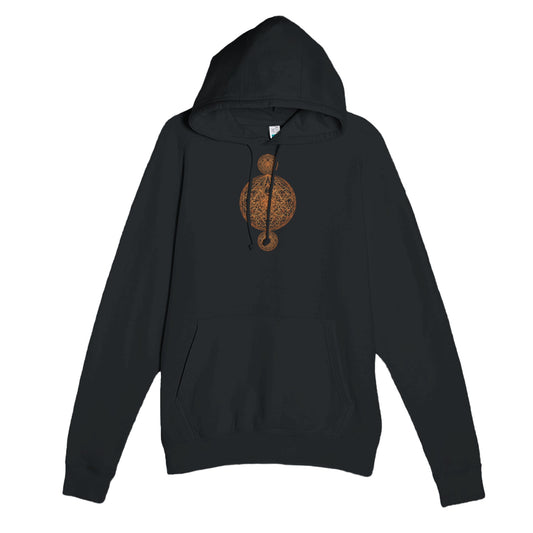 Black hoodie with a copper graphic design on a white background