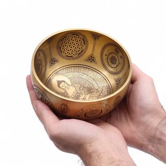 Pure Brass Etched Buddha - Set of 4 singing bowls