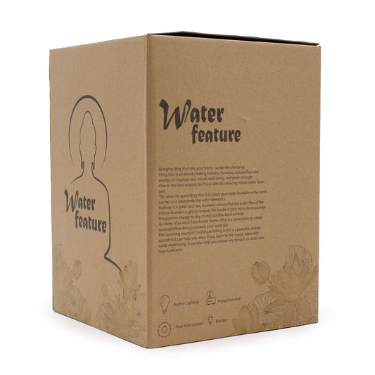 Authentic Tabletop Water Feature – 30cm – Golden Buddha & Vitarka Mudra perspective detail 2 showcasing clean geometry and natural material finishes