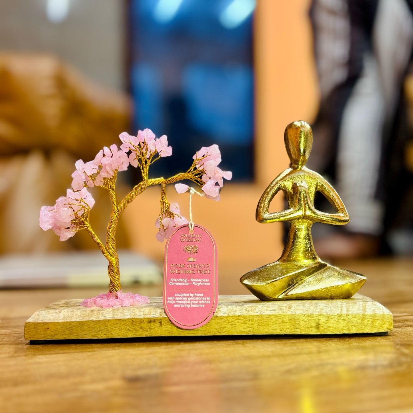 Authentic Gemstone Yoga Garden - Namaste Pose - Rose Quartz Tilted Tree - 100 chipstones perspective detail 2 showcasing clean geometry and natural material finishes