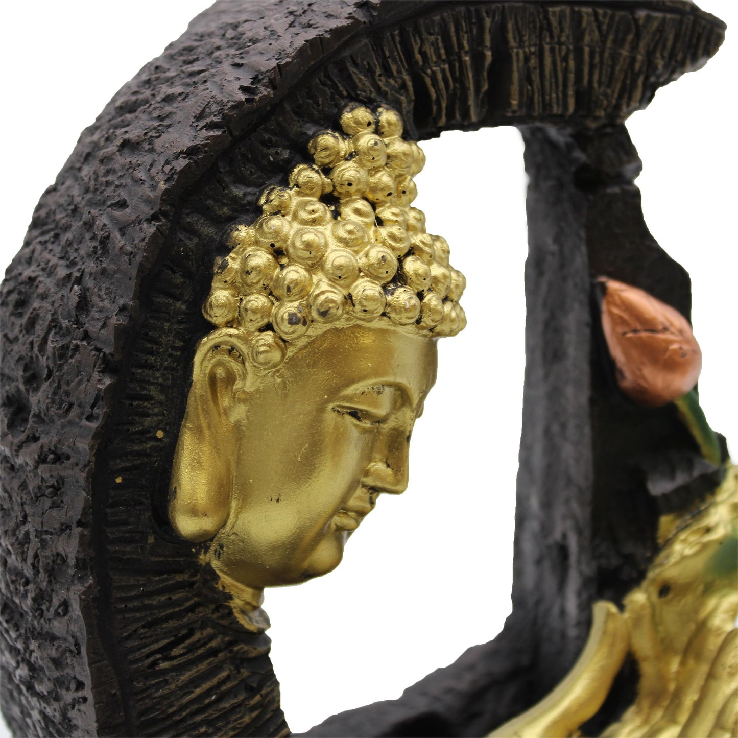 Authentic Tabletop Water Feature – 30cm – Golden Buddha & Lotus perspective detail 5 showcasing clean geometry and natural material finishes