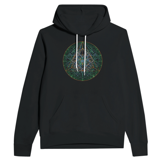 Authentic COPPER GREEN SACRED GEOMETRY   |  Unisex Pullover Hoodie perspective detail 2 showcasing clean geometry and natural material finishes
