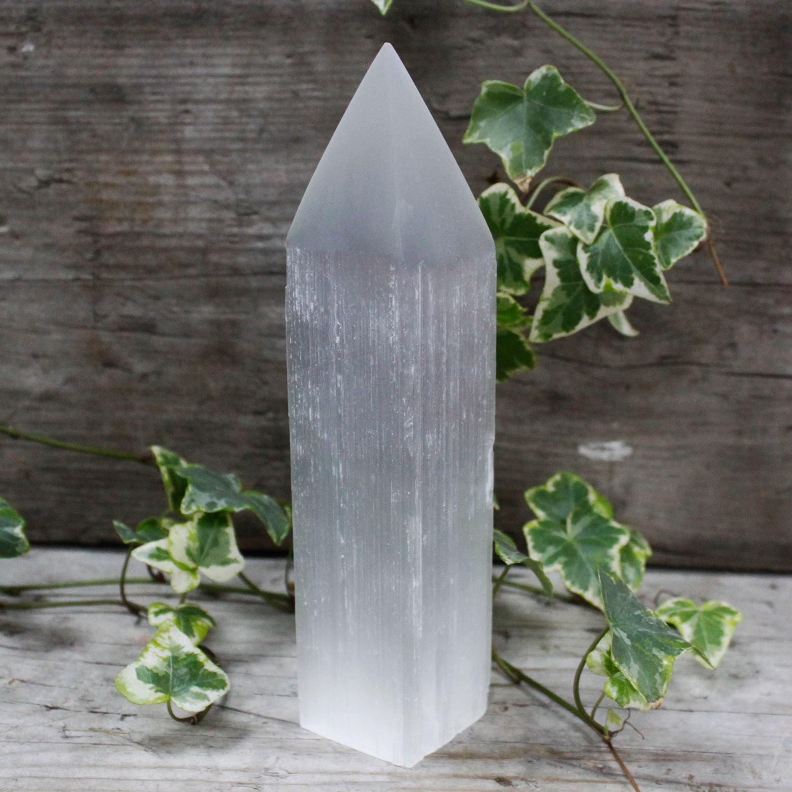 Authentic Selenite Pencil Point Tower - 20 cm perspective detail 2 showcasing clean geometry and natural material finishes