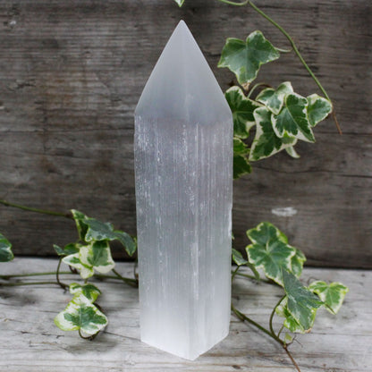 Authentic Selenite Pencil Point Tower - 20 cm perspective detail 2 showcasing clean geometry and natural material finishes