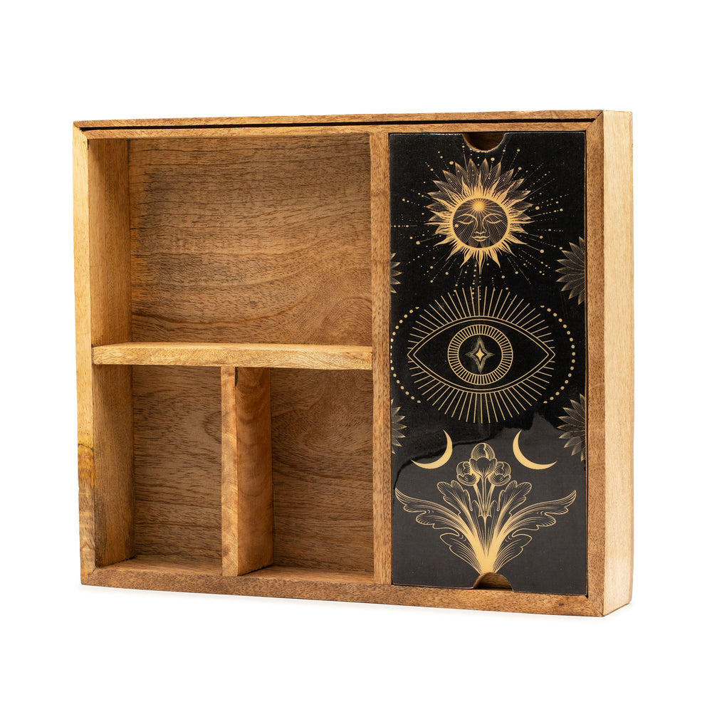 Four section tarot storage box with card holder — natural wood organiser for tarot and crystal tools