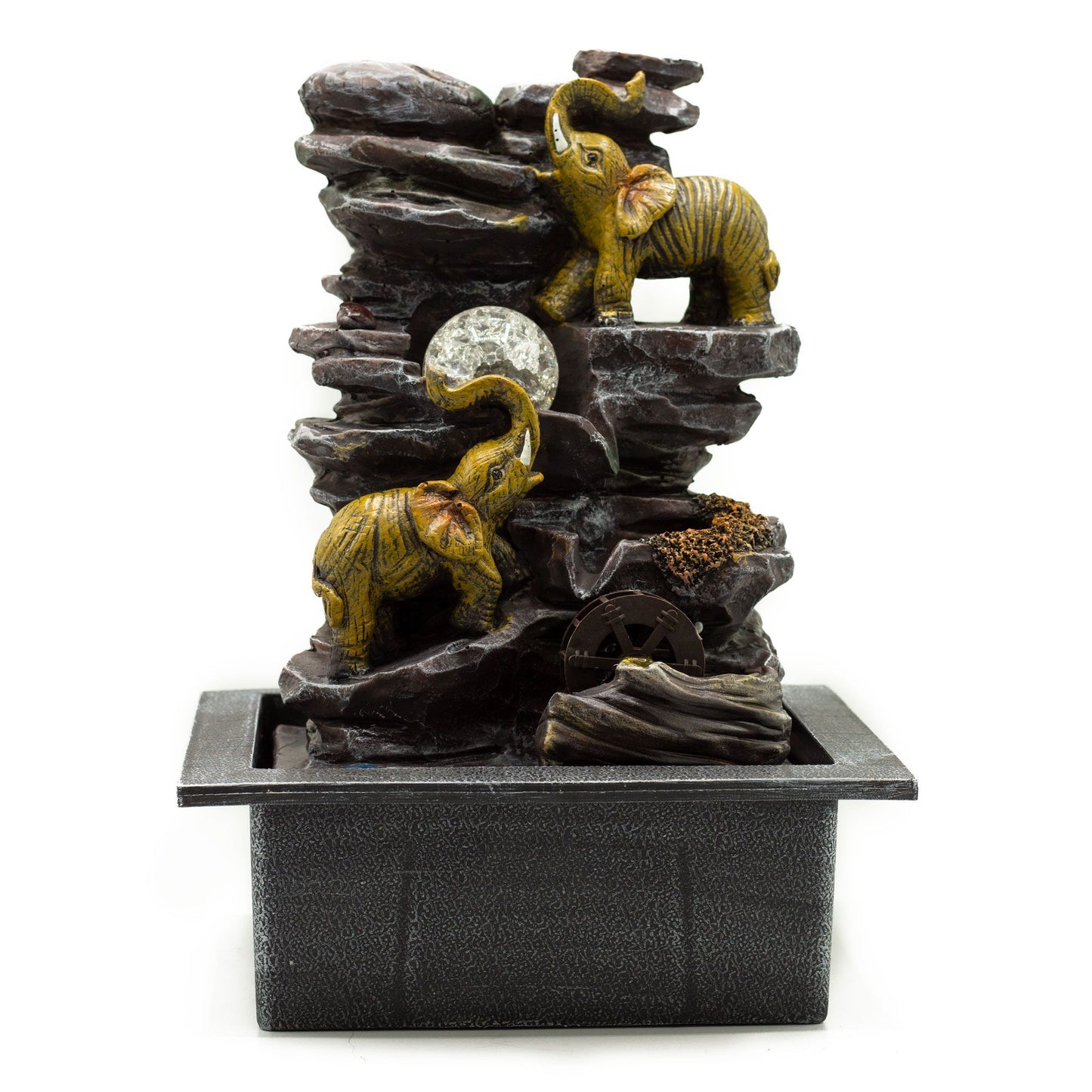 Authentic Tabletop Water Feature – 35cm – Elephants, Crystal Ball & Water Wheel showcasing clean geometry and natural material finishes