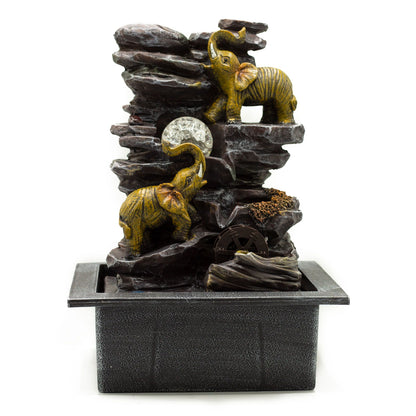 Authentic Tabletop Water Feature – 35cm – Elephants, Crystal Ball & Water Wheel showcasing clean geometry and natural material finishes