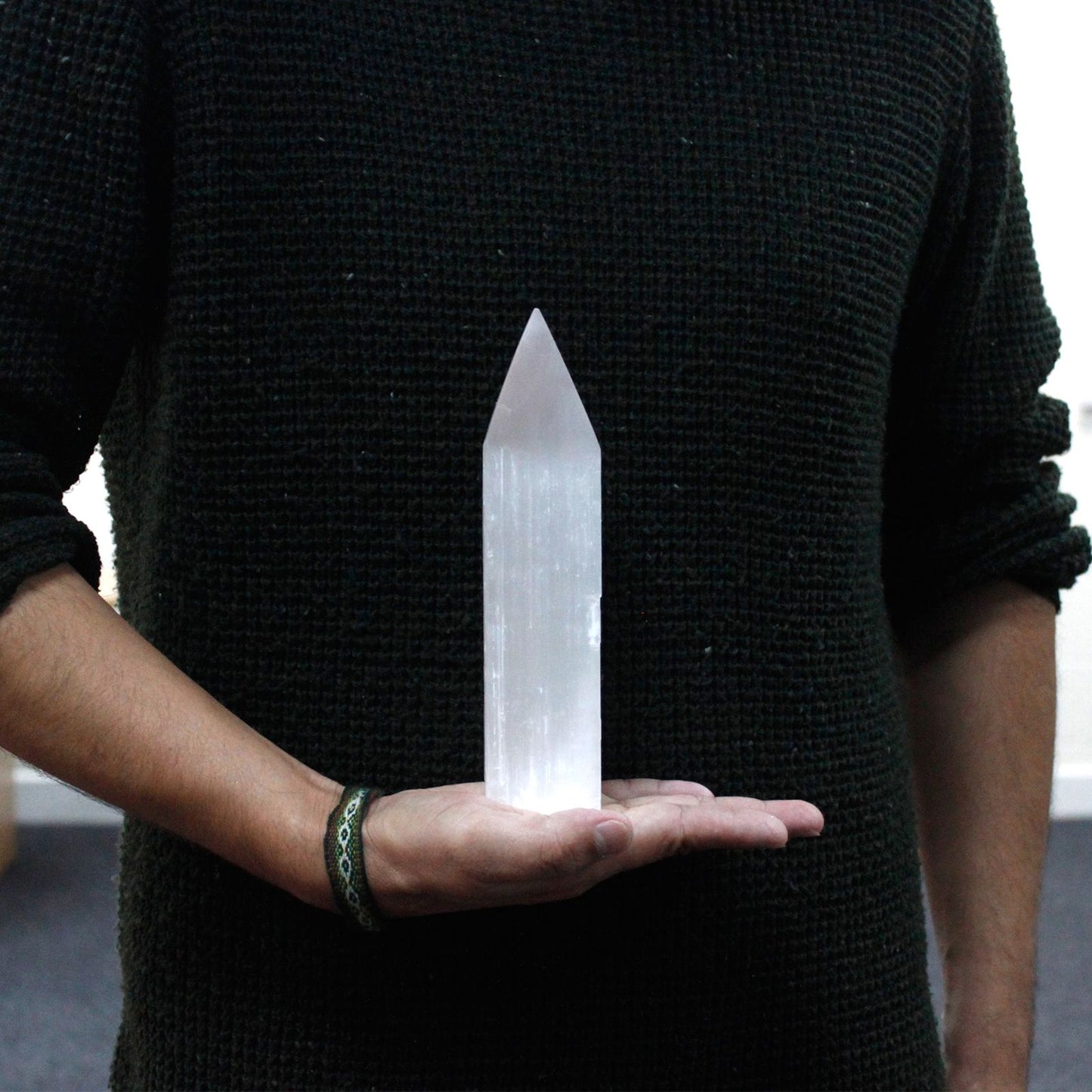 Authentic Selenite Pencil Point Tower - 20 cm perspective detail 5 showcasing clean geometry and natural material finishes