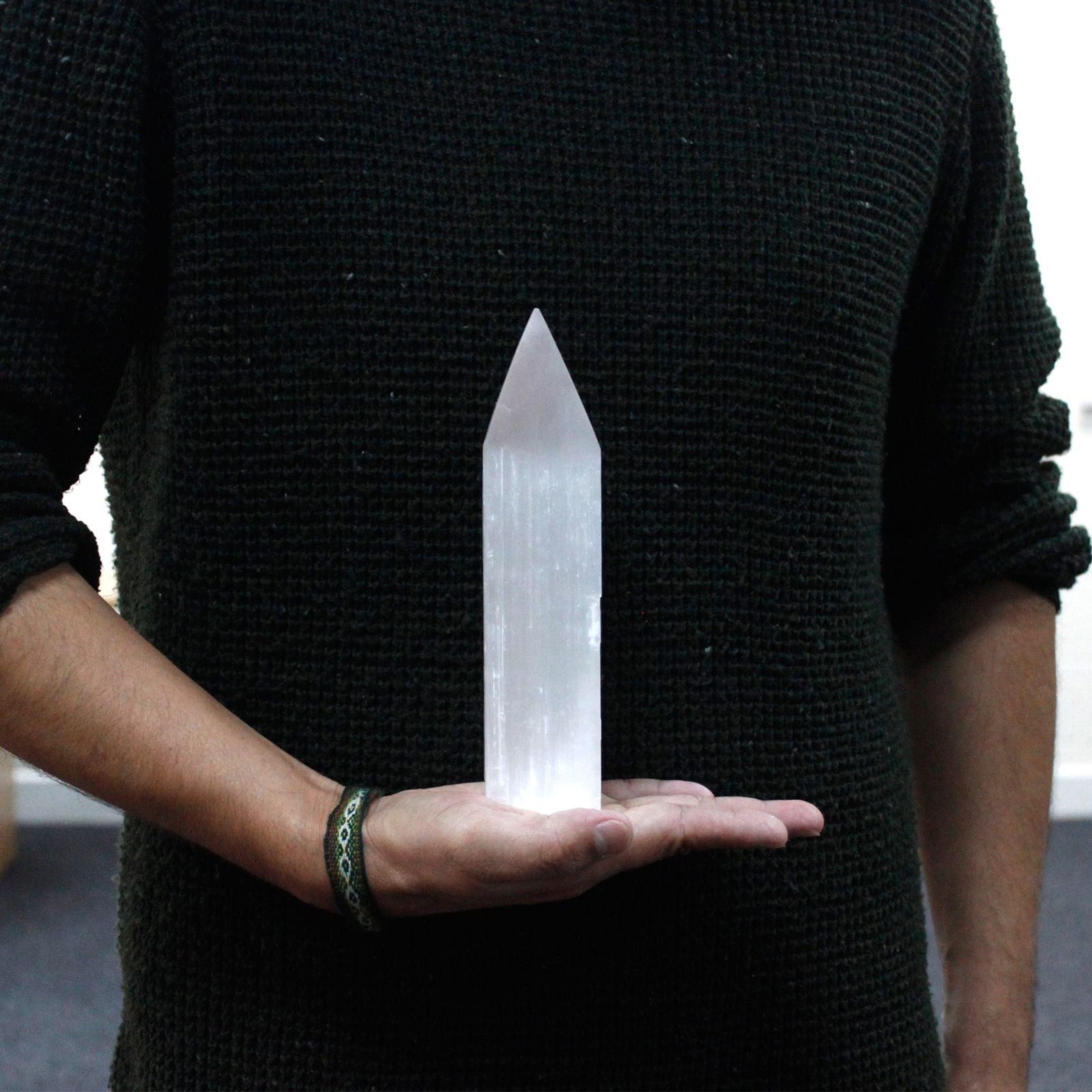 Authentic Selenite Pencil Point Tower - 20 cm perspective detail 5 showcasing clean geometry and natural material finishes