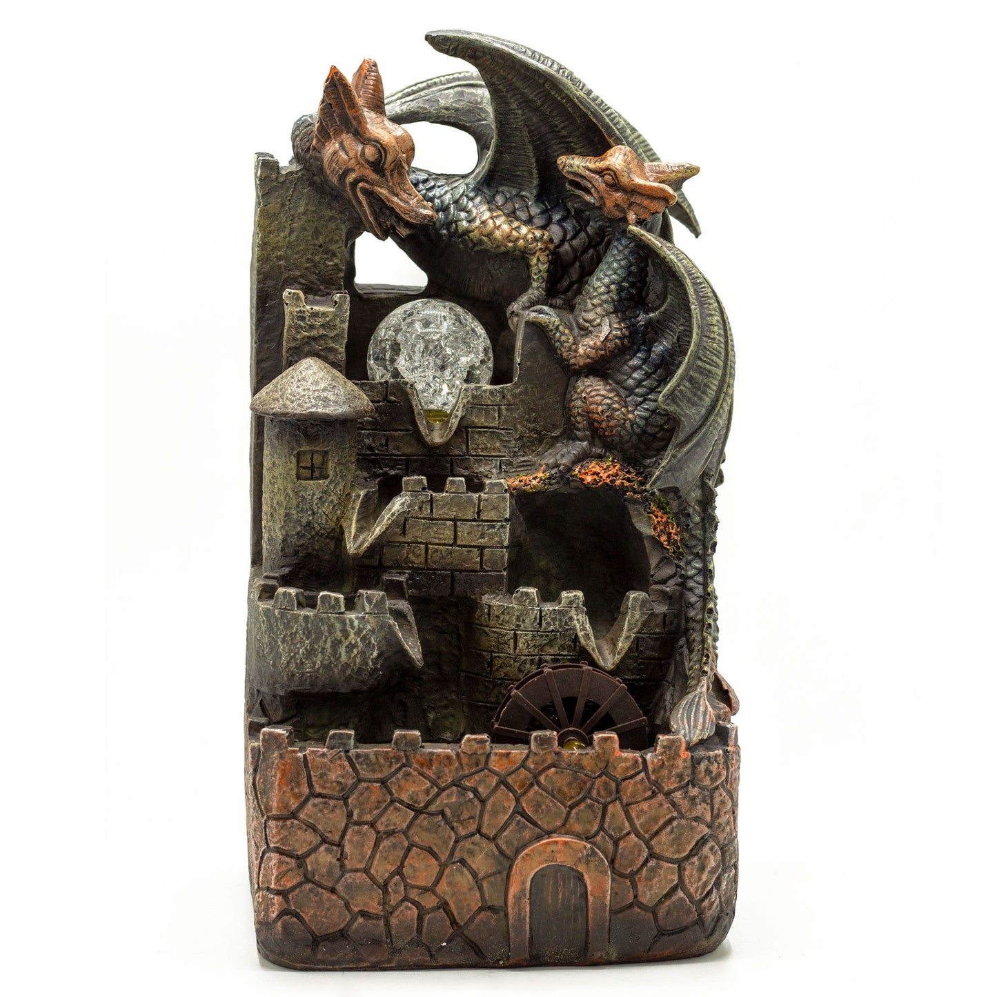 Authentic Tabletop Water Feature – 35cm – Dragons, Crystal Ball & Water Wheel showcasing clean geometry and natural material finishes