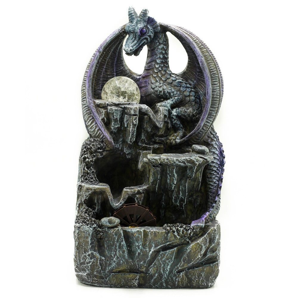 Authentic Tabletop Water Feature – 35cm – Purple Dragon, Crystal Ball & Water Wheel showcasing clean geometry and natural material finishes