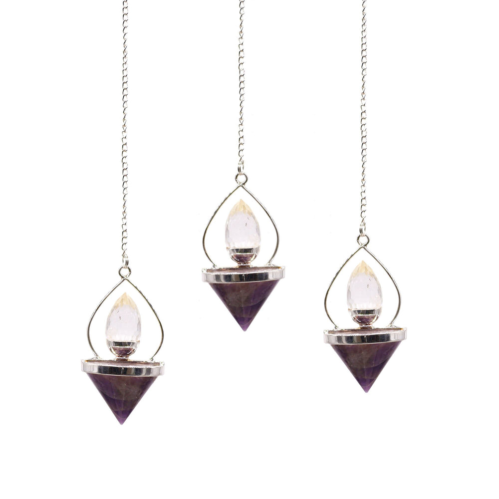 Lantern of Life pendulum amethyst and rock quartz — sacred geometry dowsing tool for intuition