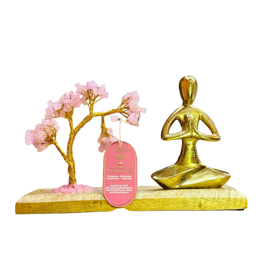 Authentic Gemstone Yoga Garden - Namaste Pose - Rose Quartz Tilted Tree - 100 chipstones showcasing clean geometry and natural material finishes