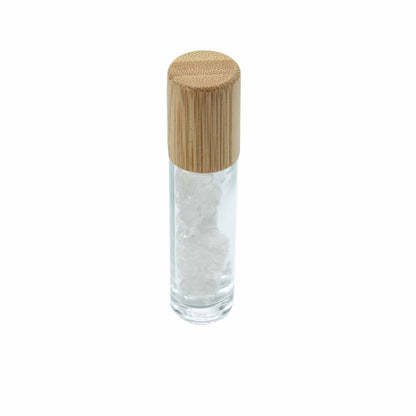 Gemstone Essential Oil Roller Bottle - Rock Quartz  - Wooden Cap + Gemstone Roller Tip for 5ml Bottle - Rock Quartz