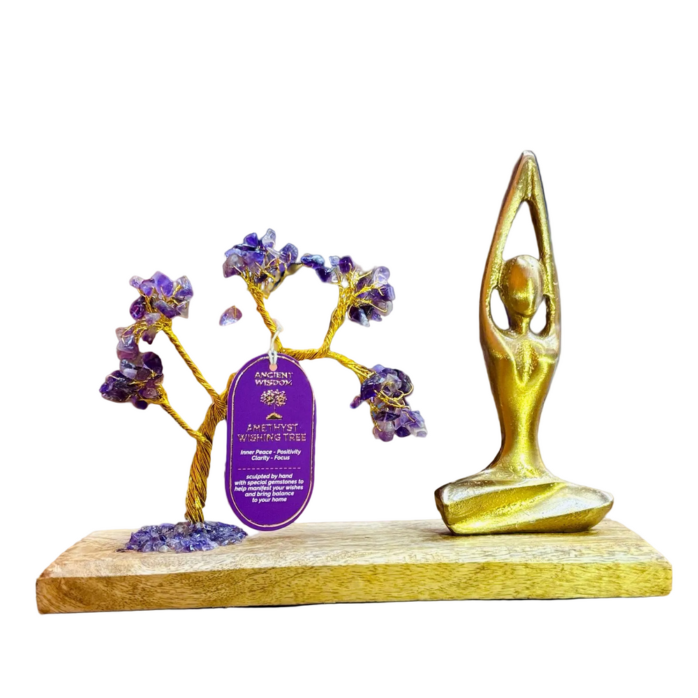 Authentic Gemstone Yoga Garden - Sukhasana Pose - Amethyst - Tilted Tree - 100 chipstones showcasing clean geometry and natural material finishes