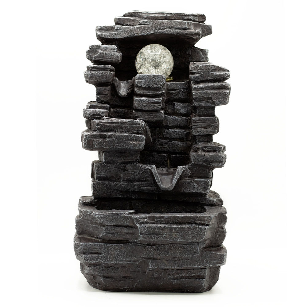 Authentic Tabletop Water Feature – 35cm – Slab Rocks Formation & Crystal Ball showcasing clean geometry and natural material finishes