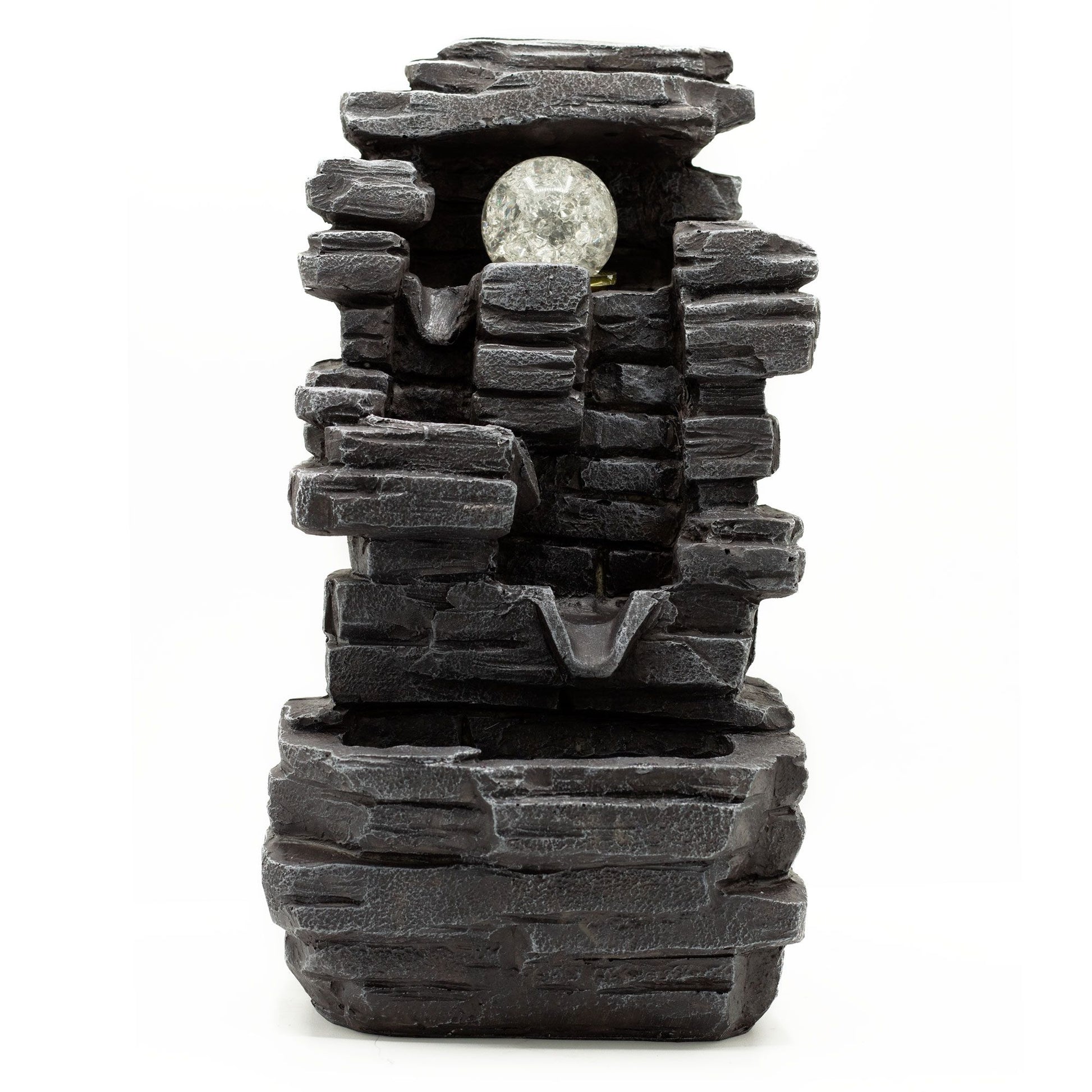 Authentic Tabletop Water Feature – 35cm – Slab Rocks Formation & Crystal Ball showcasing clean geometry and natural material finishes