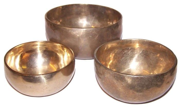 Set of 3 handmade brass Tibetan singing bowls — sacred sound healing meditation gift set