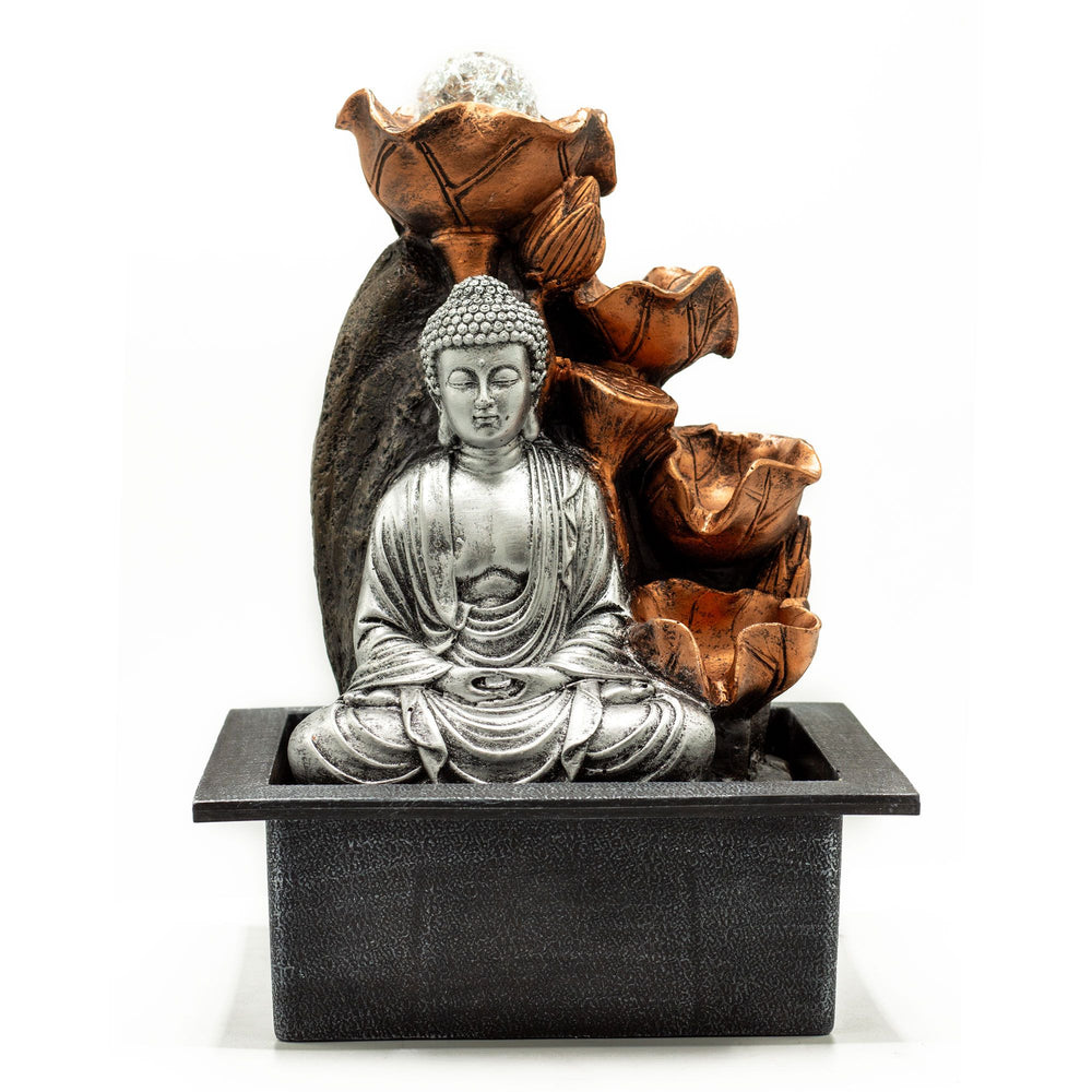 Authentic Tabletop Water Feature – 35cm – Silver Buddha Cascade & Crystal Ball showcasing clean geometry and natural material finishes