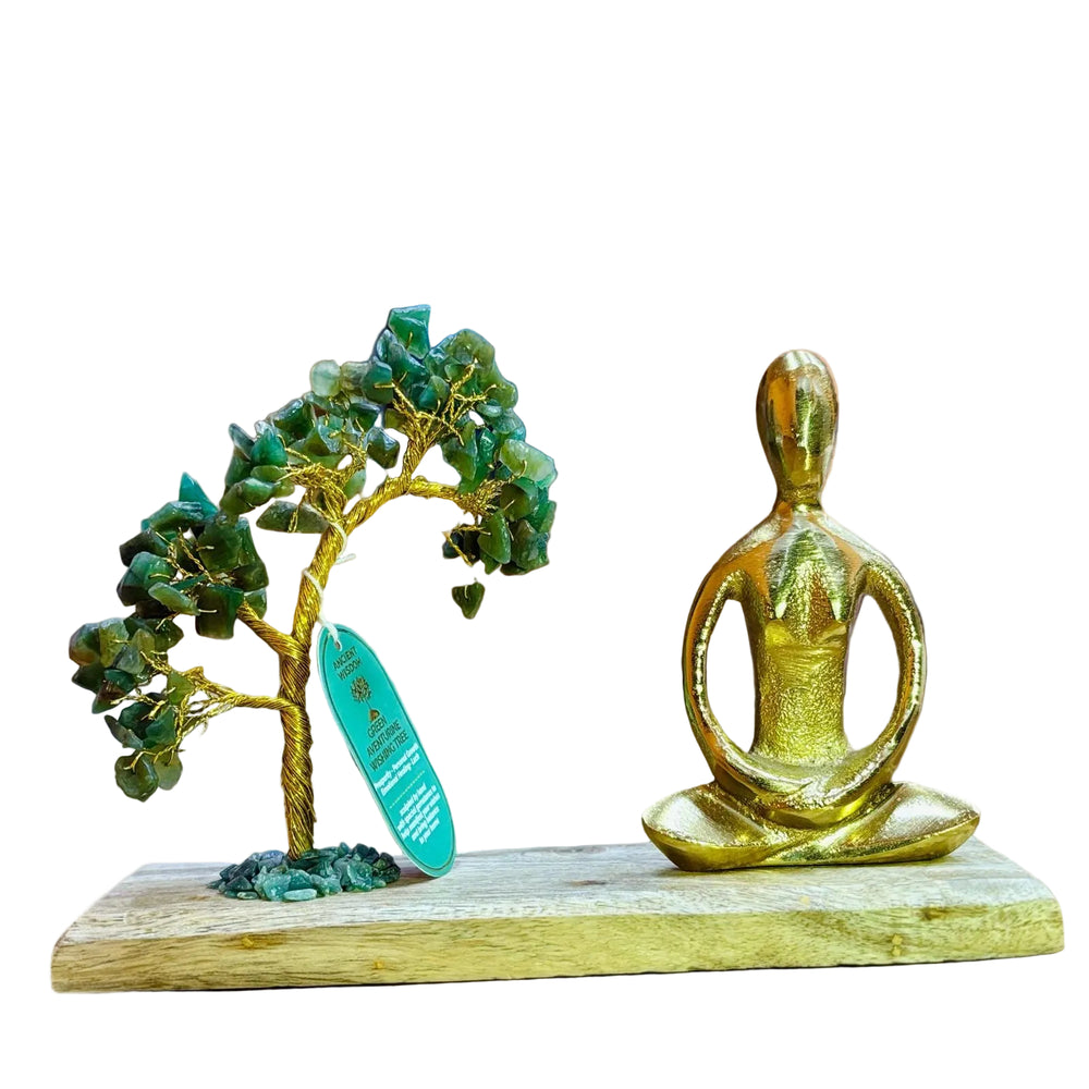 Authentic Gemstone Yoga Garden - Padmasana Pose - Green Aventurine - Tilted Tree - 100 chipstones showcasing clean geometry and natural material finishes