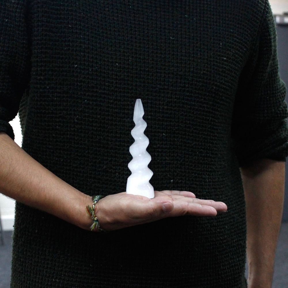 Authentic Selenite Spiral Unicorn Horn Tower - 15 cm showcasing clean geometry and natural material finishes