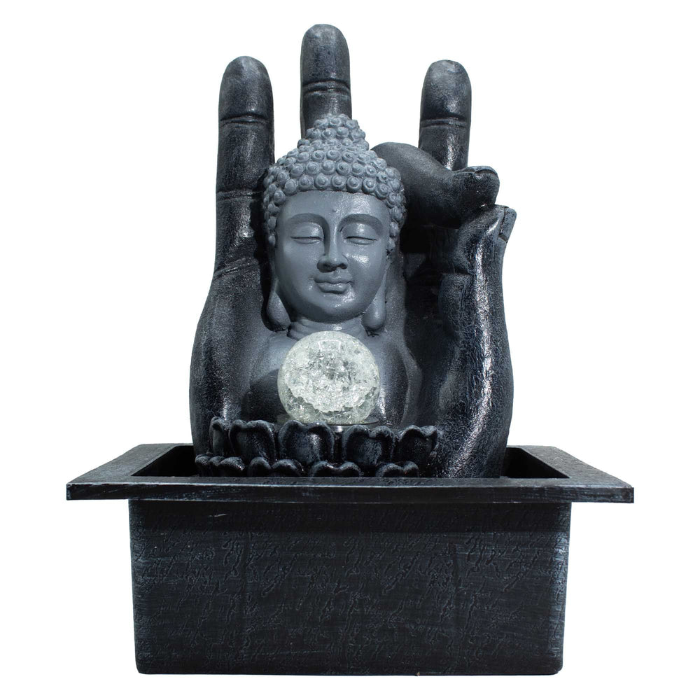 Authentic Tabletop Water Feature – Buddha Hand & Head (20×25×35cm) showcasing clean geometry and natural material finishes