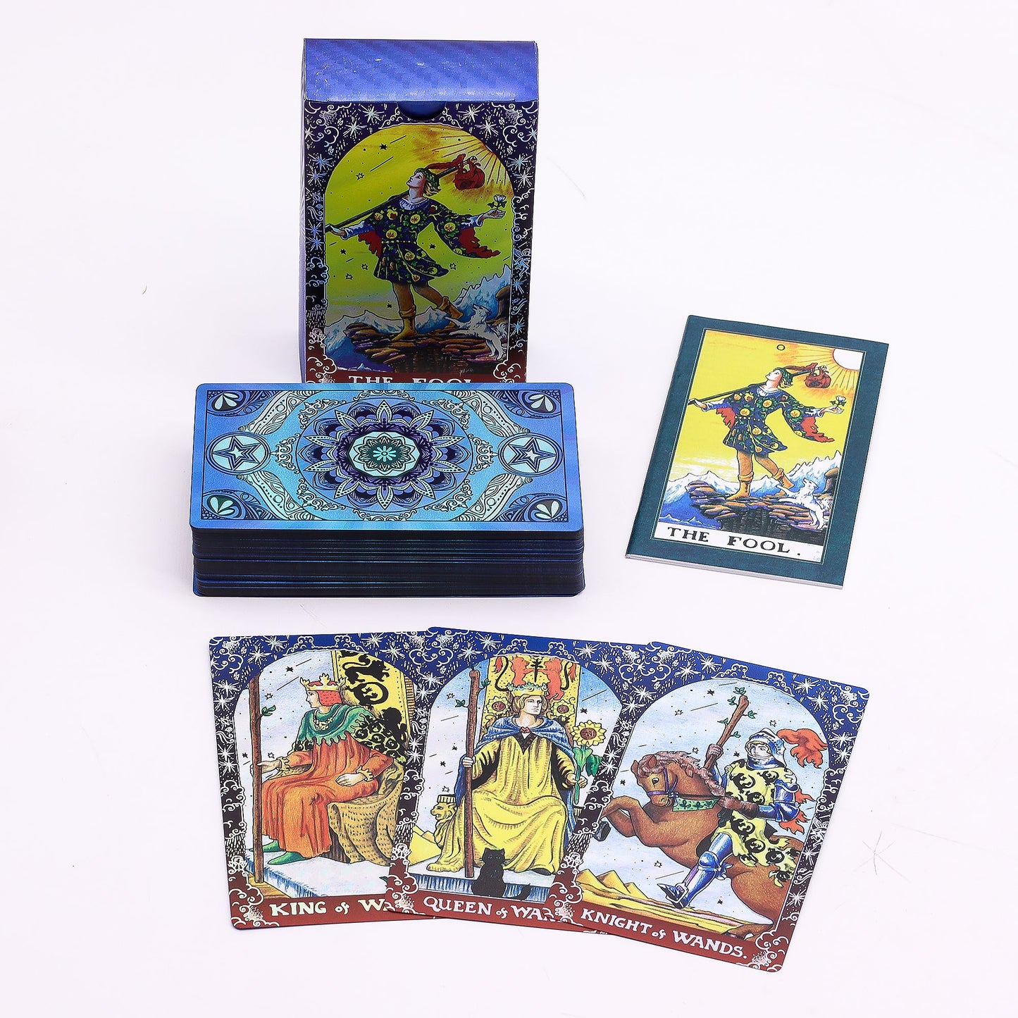 Collection of tarot cards with colorful designs and characters on a white background