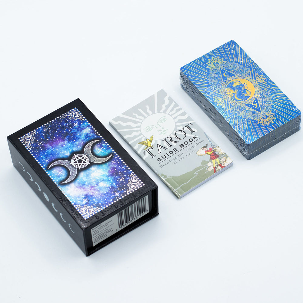 Authentic Tarot Card Set – Blue Foil, Moon Face (with booklet) showcasing clean geometry and natural material finishes