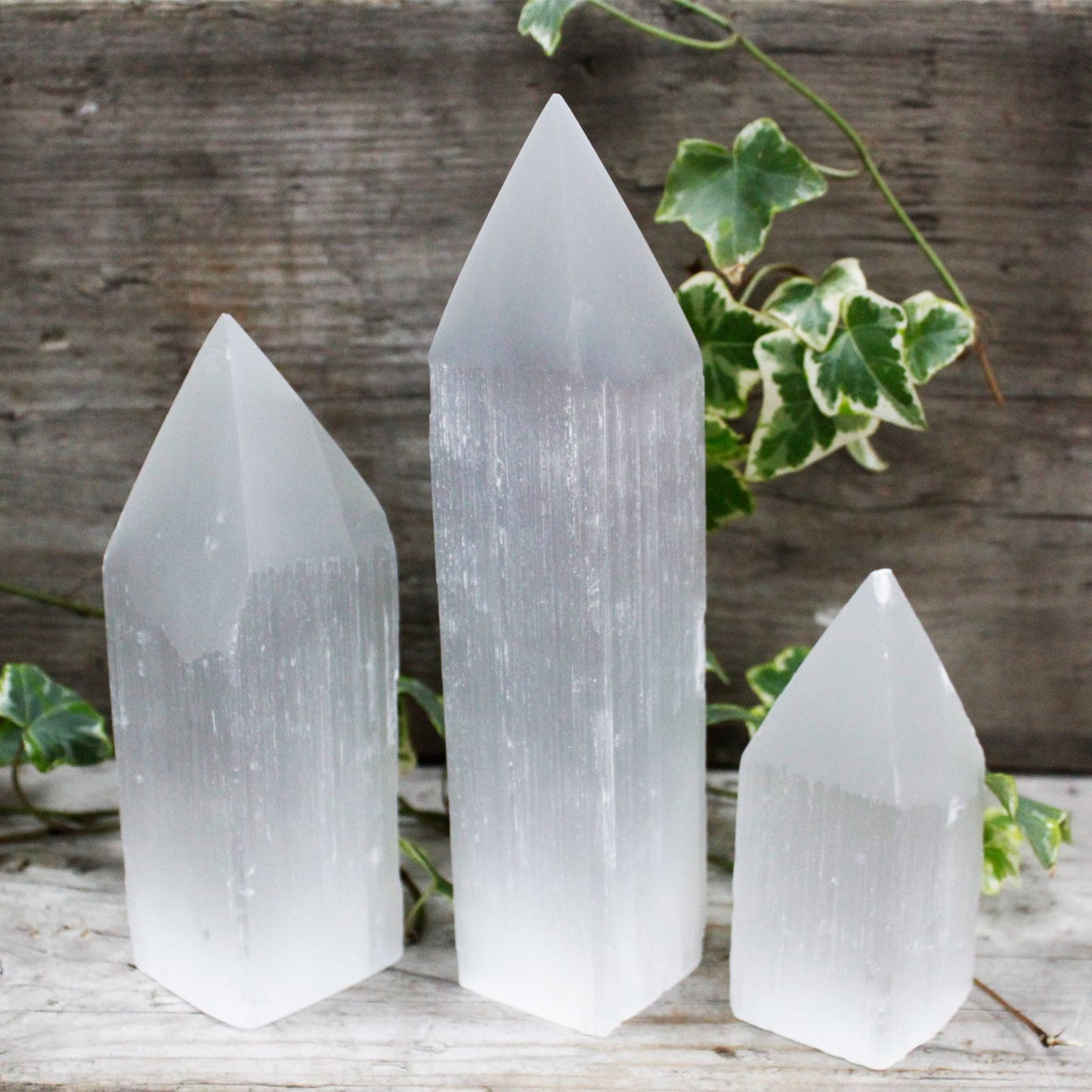 Authentic Selenite Pencil Point Tower - 20 cm perspective detail 4 showcasing clean geometry and natural material finishes