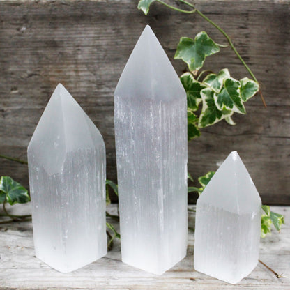 Authentic Selenite Pencil Point Tower - 20 cm perspective detail 4 showcasing clean geometry and natural material finishes