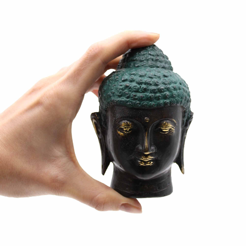 Authentic Medium Antique Brass Buddha Head showcasing clean geometry and natural material finishes