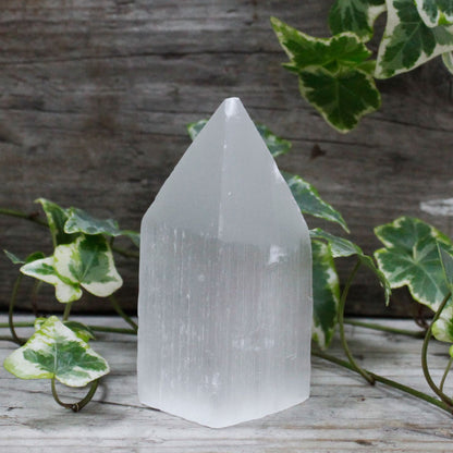 Authentic Selenite Pencil Point Tower - 10 cm perspective detail 2 showcasing clean geometry and natural material finishes