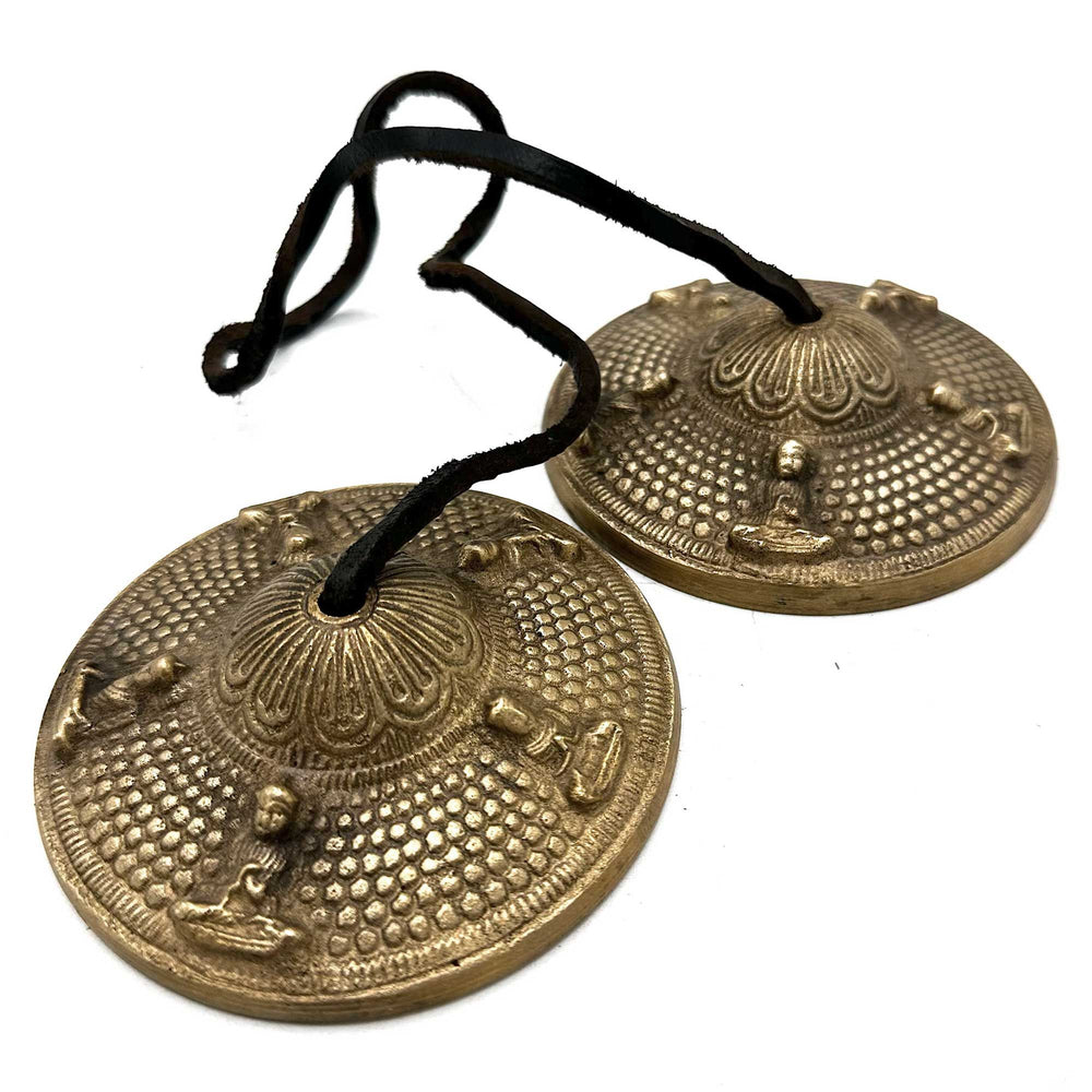 Five Buddha Tibetan tingsha bells 9.5cm — handcrafted meditation cymbals for sacred sound practice