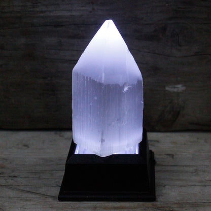 Authentic Selenite Pencil Point Tower - 10 cm perspective detail 3 showcasing clean geometry and natural material finishes