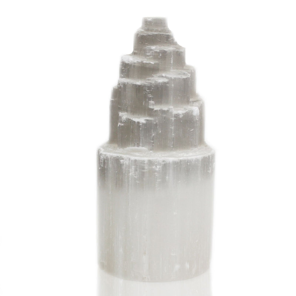 Authentic Natural Selenite Tower Lamp – 20cm showcasing clean geometry and natural material finishes