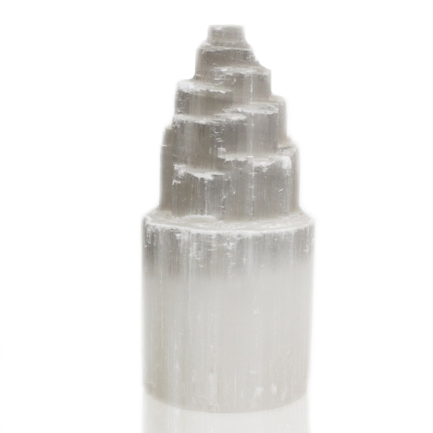 Authentic Natural Selenite Tower Lamp – 20cm showcasing clean geometry and natural material finishes