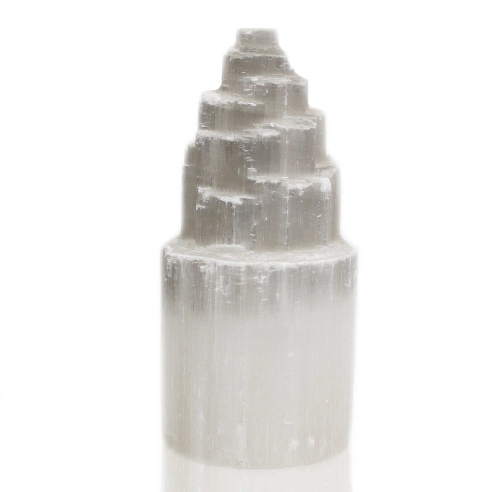 Authentic Natural Selenite Tower Lamp – 20cm showcasing clean geometry and natural material finishes