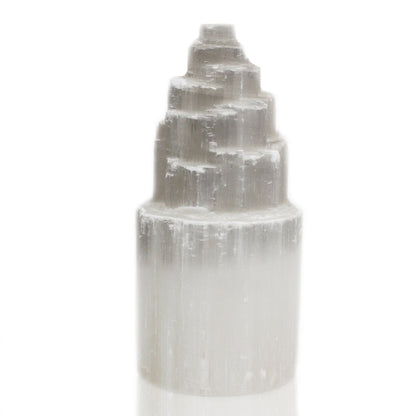 Authentic Natural Selenite Tower Lamp – 20cm showcasing clean geometry and natural material finishes