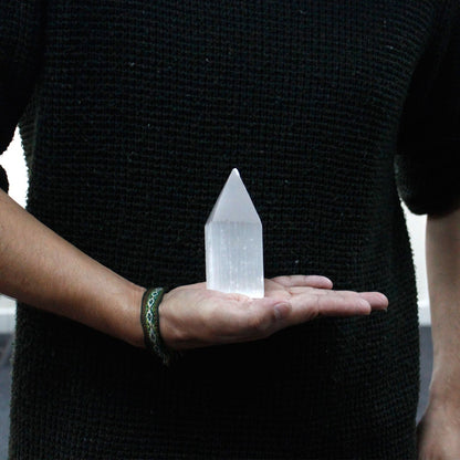 Authentic Selenite Pencil Point Tower - 10 cm perspective detail 5 showcasing clean geometry and natural material finishes