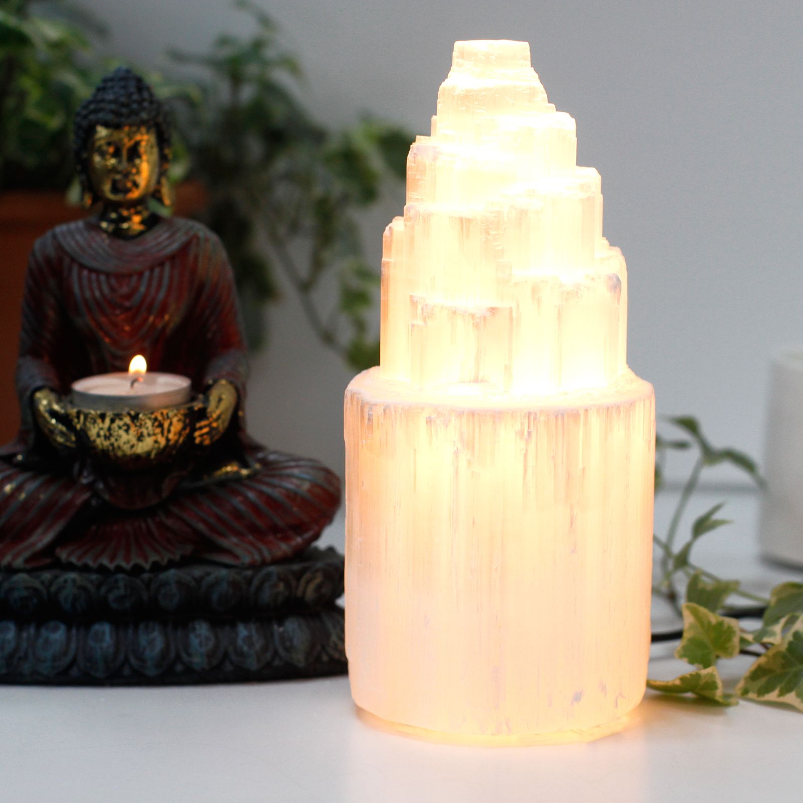 Authentic Natural Selenite Tower Lamp – 20cm perspective detail 3 showcasing clean geometry and natural material finishes