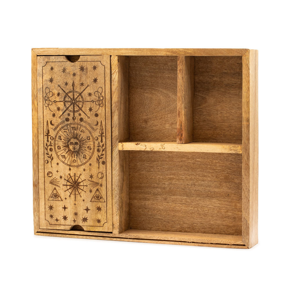 Four section tarot box with card holder — natural wood storage for tarot decks and sacred tools