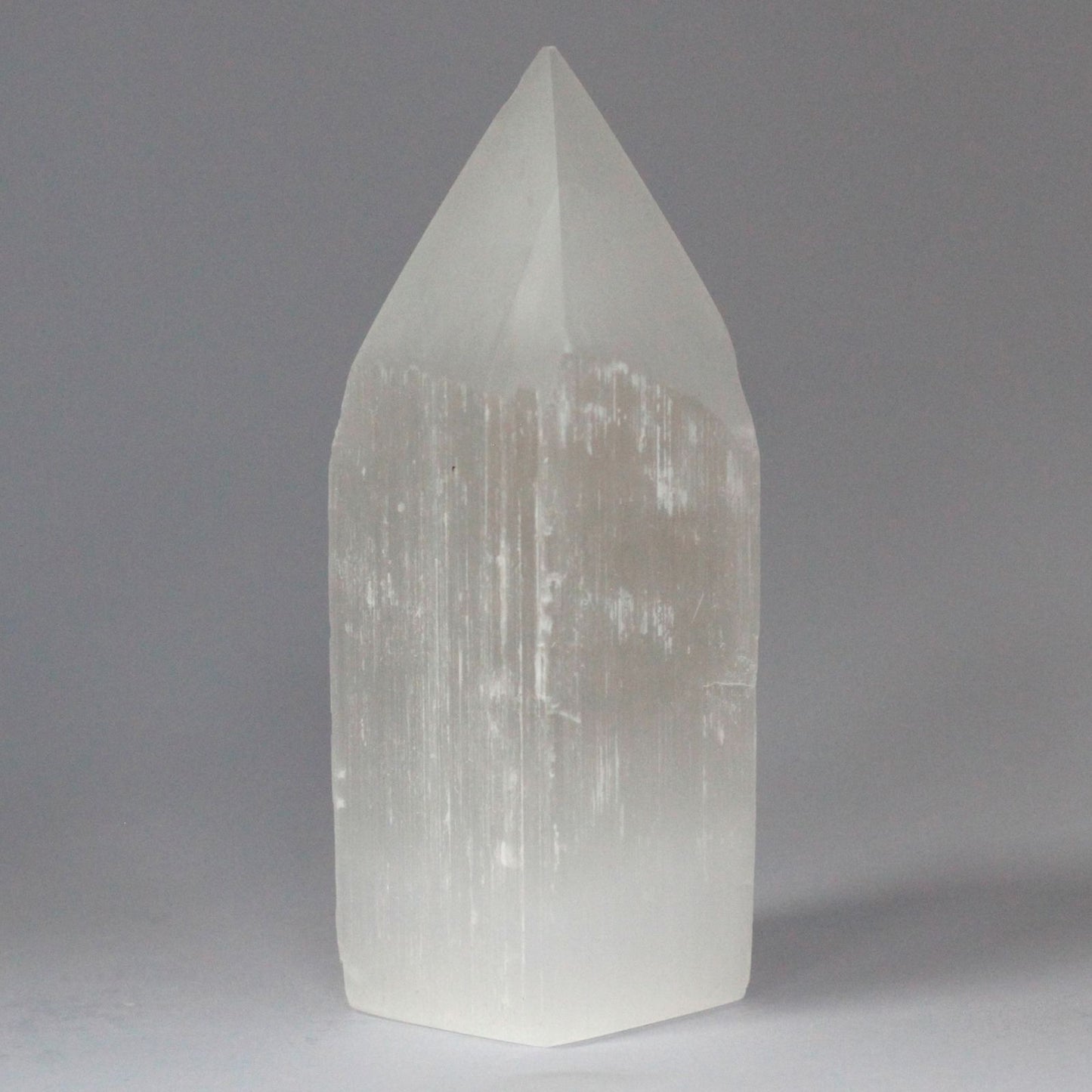 Authentic Selenite Pencil Point Tower - 15 cm perspective detail 3 showcasing clean geometry and natural material finishes