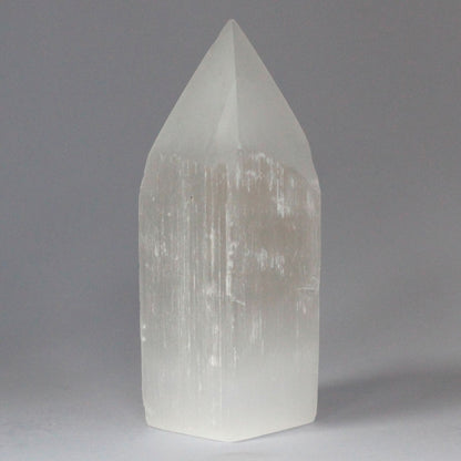 Authentic Selenite Pencil Point Tower - 15 cm perspective detail 3 showcasing clean geometry and natural material finishes