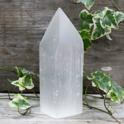 Authentic Selenite Pencil Point Tower - 15 cm showcasing clean geometry and natural material finishes