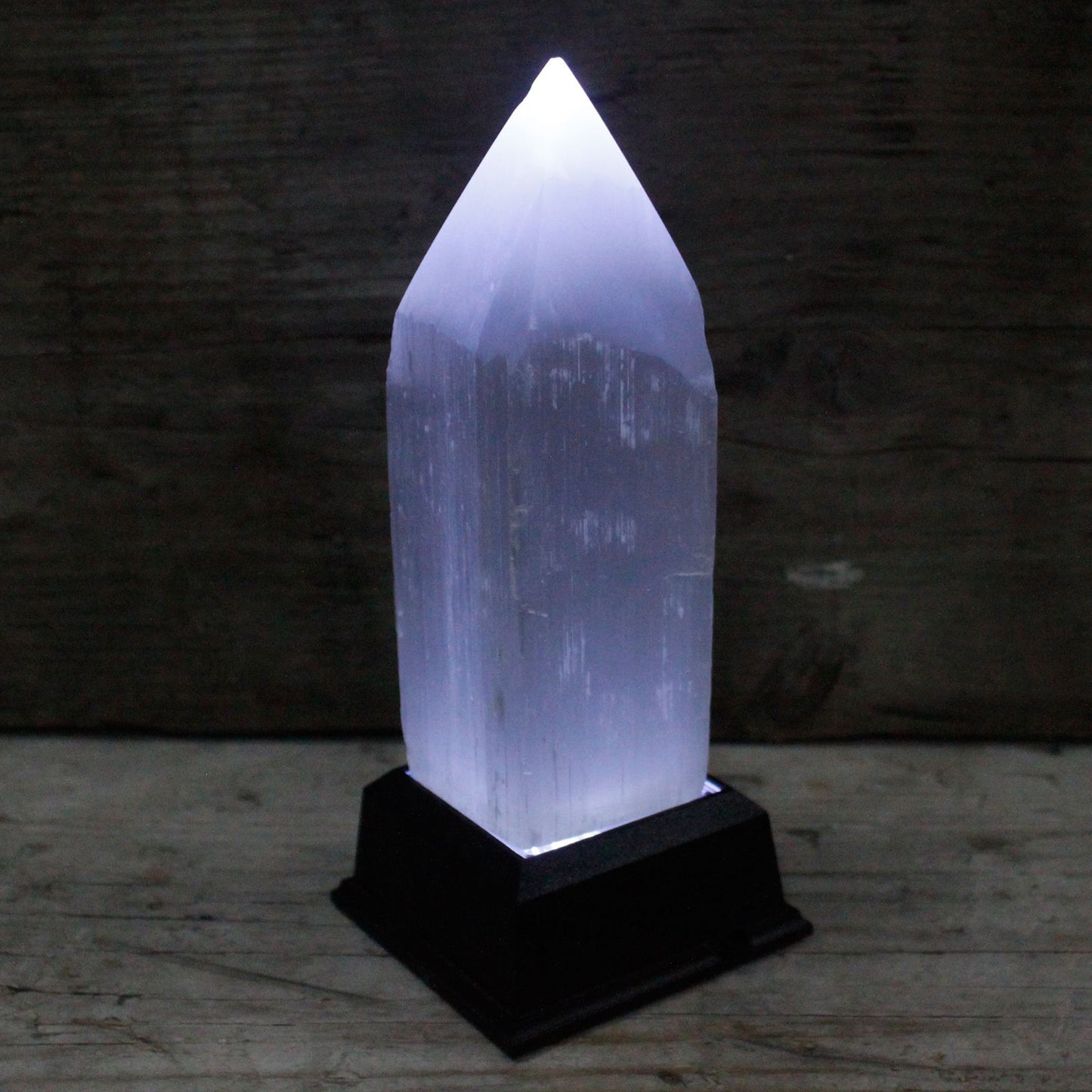 Authentic Selenite Pencil Point Tower - 15 cm perspective detail 4 showcasing clean geometry and natural material finishes
