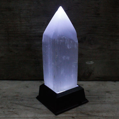Authentic Selenite Pencil Point Tower - 15 cm perspective detail 4 showcasing clean geometry and natural material finishes
