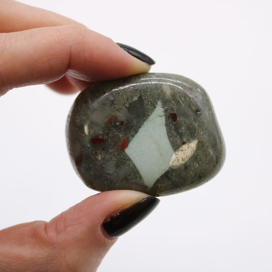 Authentic Bag of 6 Large African Tumble Stones - Bloodstone - Sephtonite perspective detail 2 showcasing clean geometry and natural material finishes