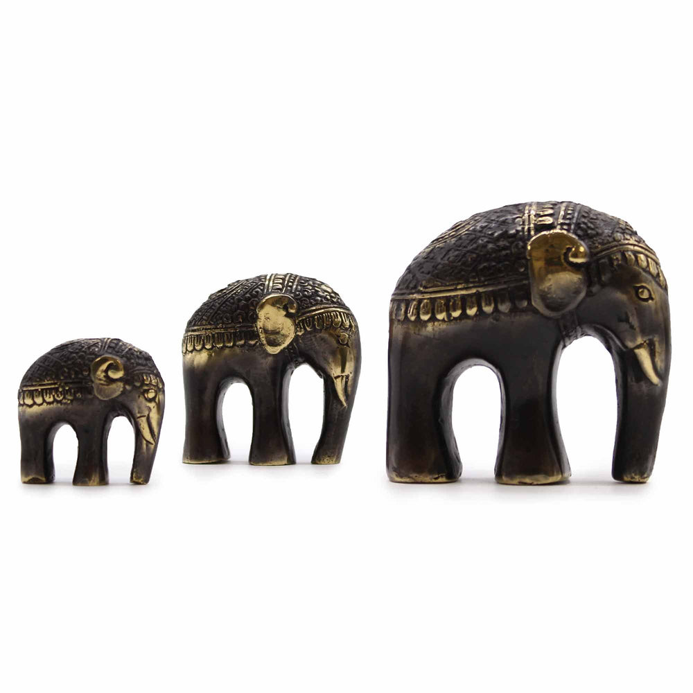 Brass art elephant set of 3 — joyful sacred feng shui exotic home decor for conscious spaces